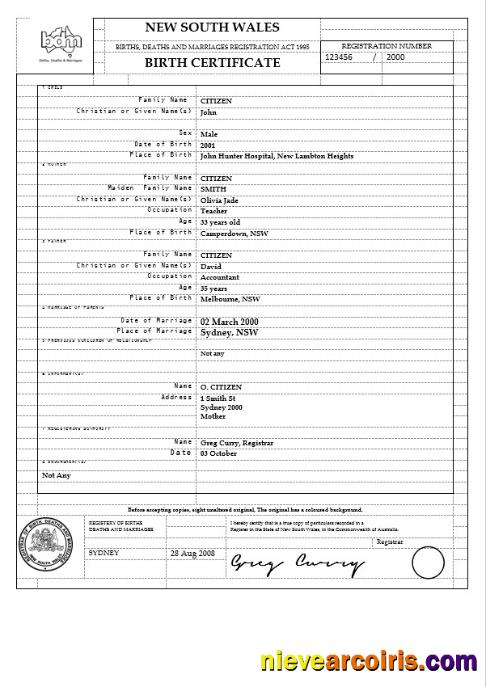 Australia New South Wales birth certificate, version 2